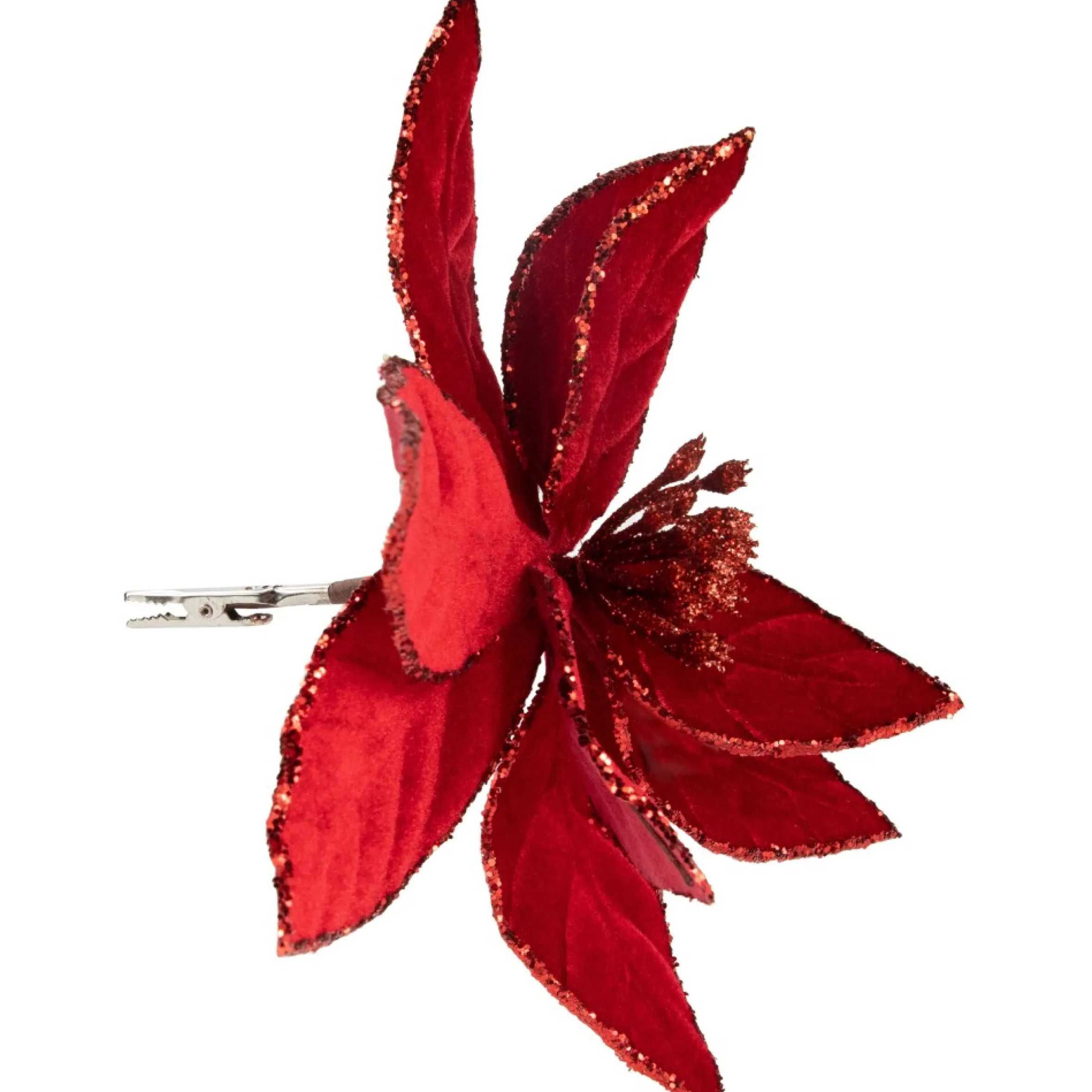 10" Red Glittered Poinsettia Christmas Floral Clip