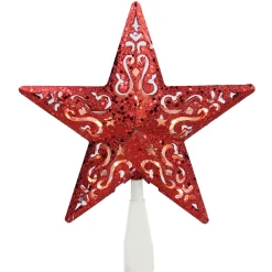 8.5" Red Glitter 5 Point Star Cut-Out Christmas Tree Topper - Clear Lights
