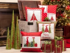 16.5" Red Holiday Pattern Christmas Tree Square Throw Pillow With Coordinating Trim