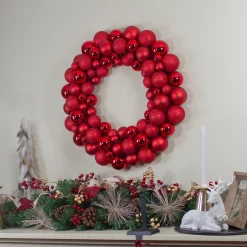 Red Hot 3-Finish Shatterproof Ball Christmas Wreath, 24-Inch