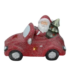 14" Red Led Lighted Magnesia Glitter Car With Santa Claus Christmas Tabletop Decor