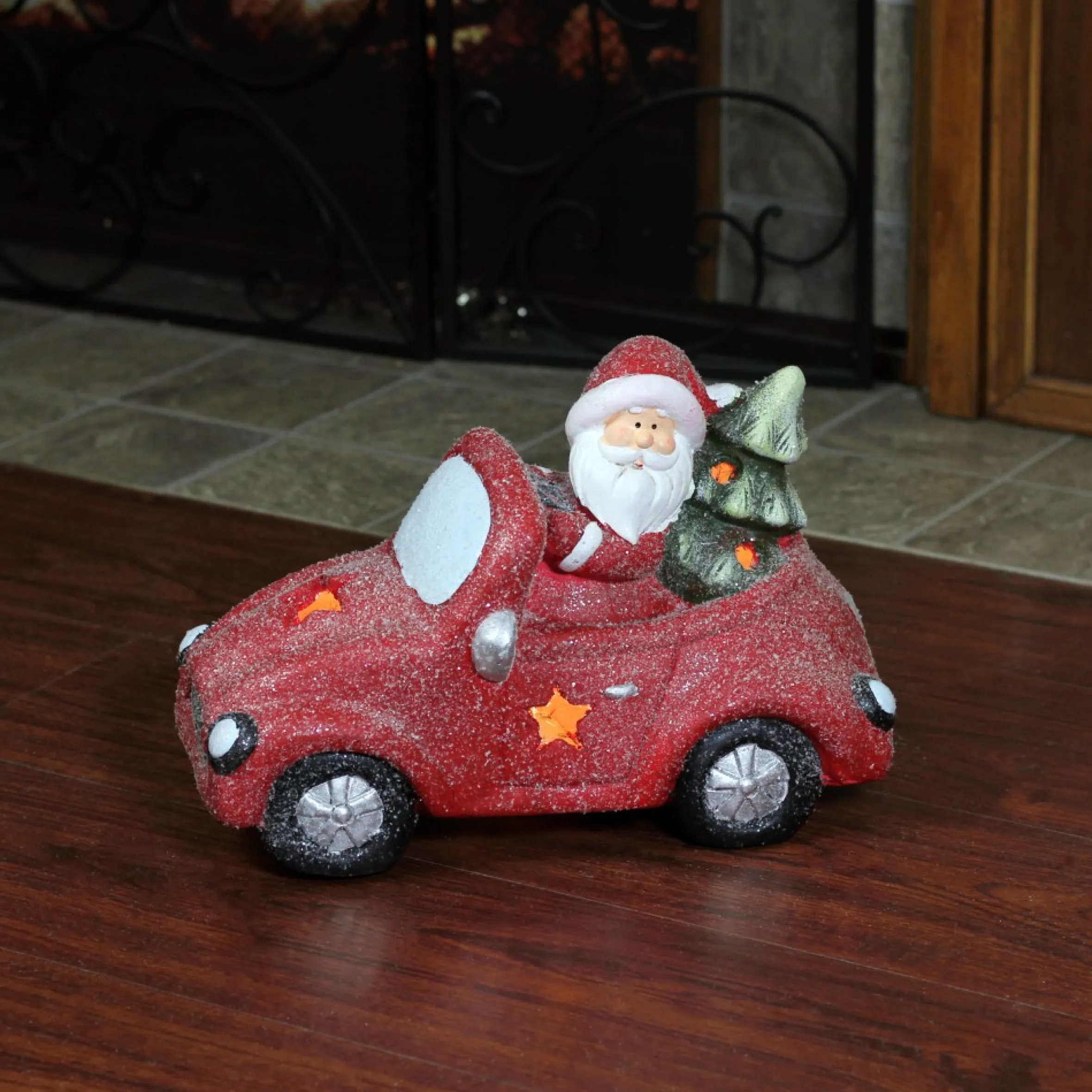 14" Red Led Lighted Magnesia Glitter Car With Santa Claus Christmas Tabletop Decor