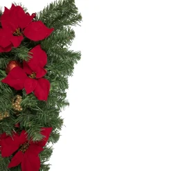 30'' Red Poinsettia And Gold Pine Cone Artificial Christmas Teardrop Swag, Unlit