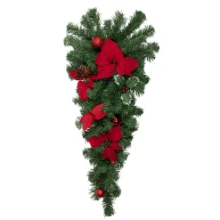 32" Red Poinsettia Pine Cone And Ball Artificial Christmas Teardrop Swag, Unlit