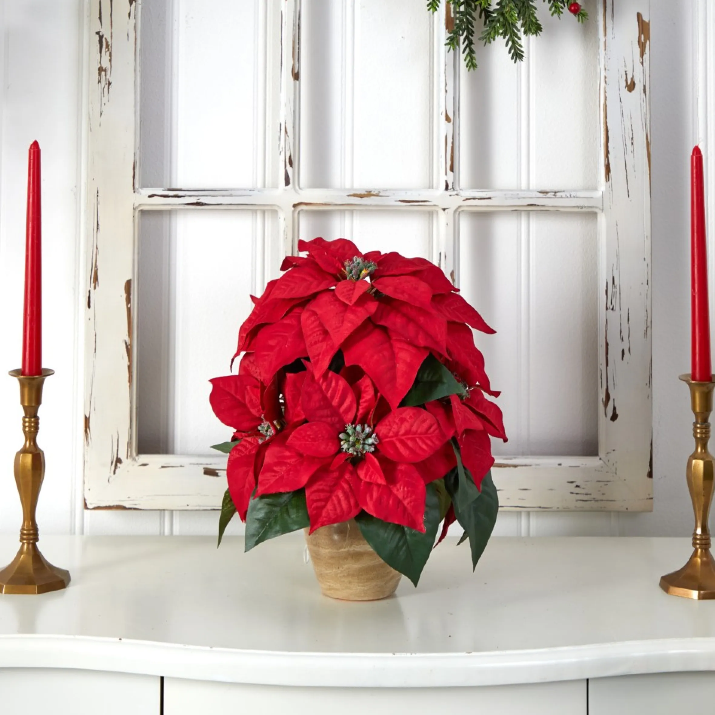13" Red Poinsettia Silk Artificial Christmas Floral Arrangement With Ceramic Vase