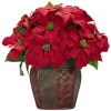 18" Red Poinsettia Silk Christmas Artificial Floral Arrangement With Rattan Vase