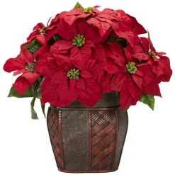 18" Red Poinsettia Silk Christmas Artificial Floral Arrangement With Rattan Vase