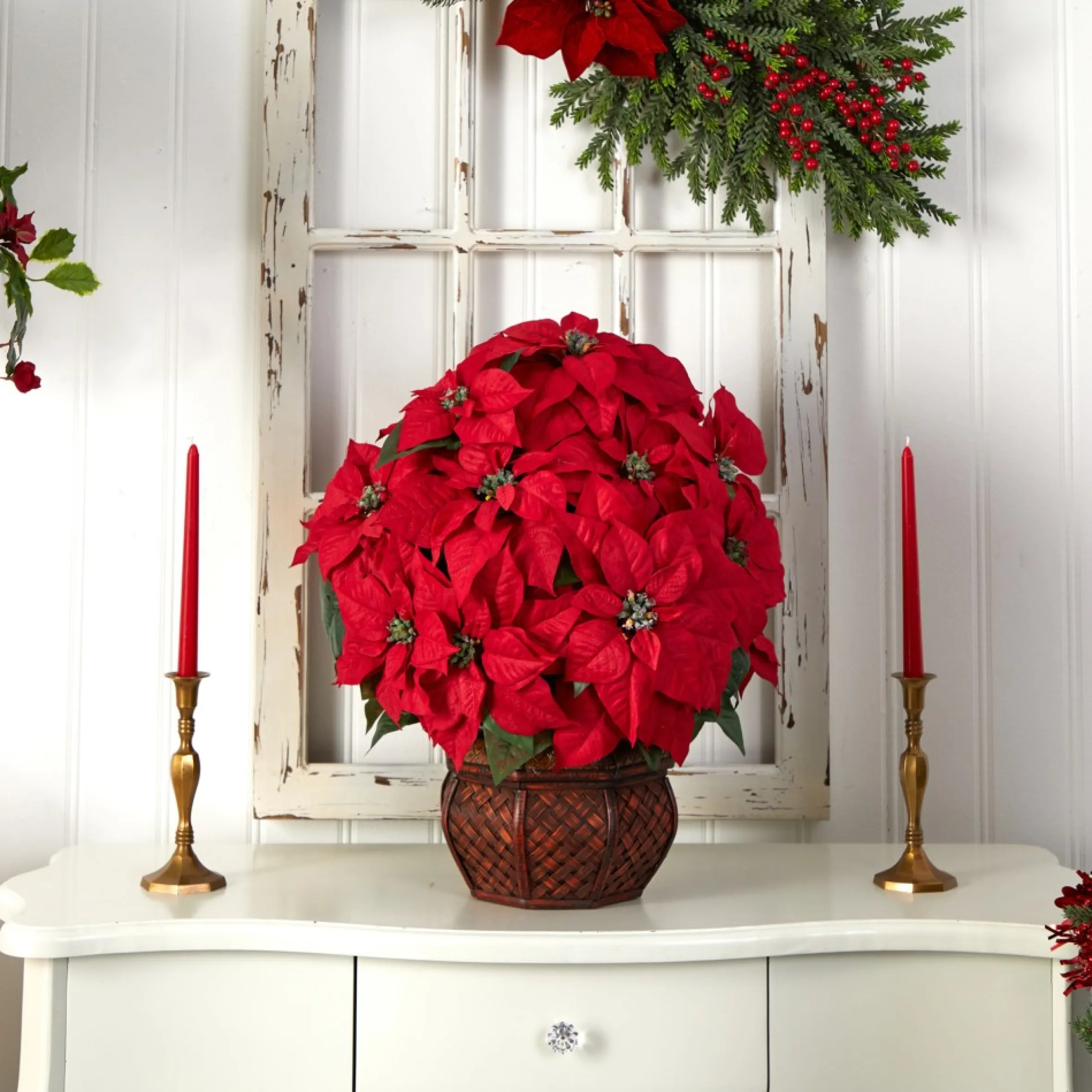 22" Red Poinsettia Silk Christmas Artificial Floral Arrangement With Decorative Planter