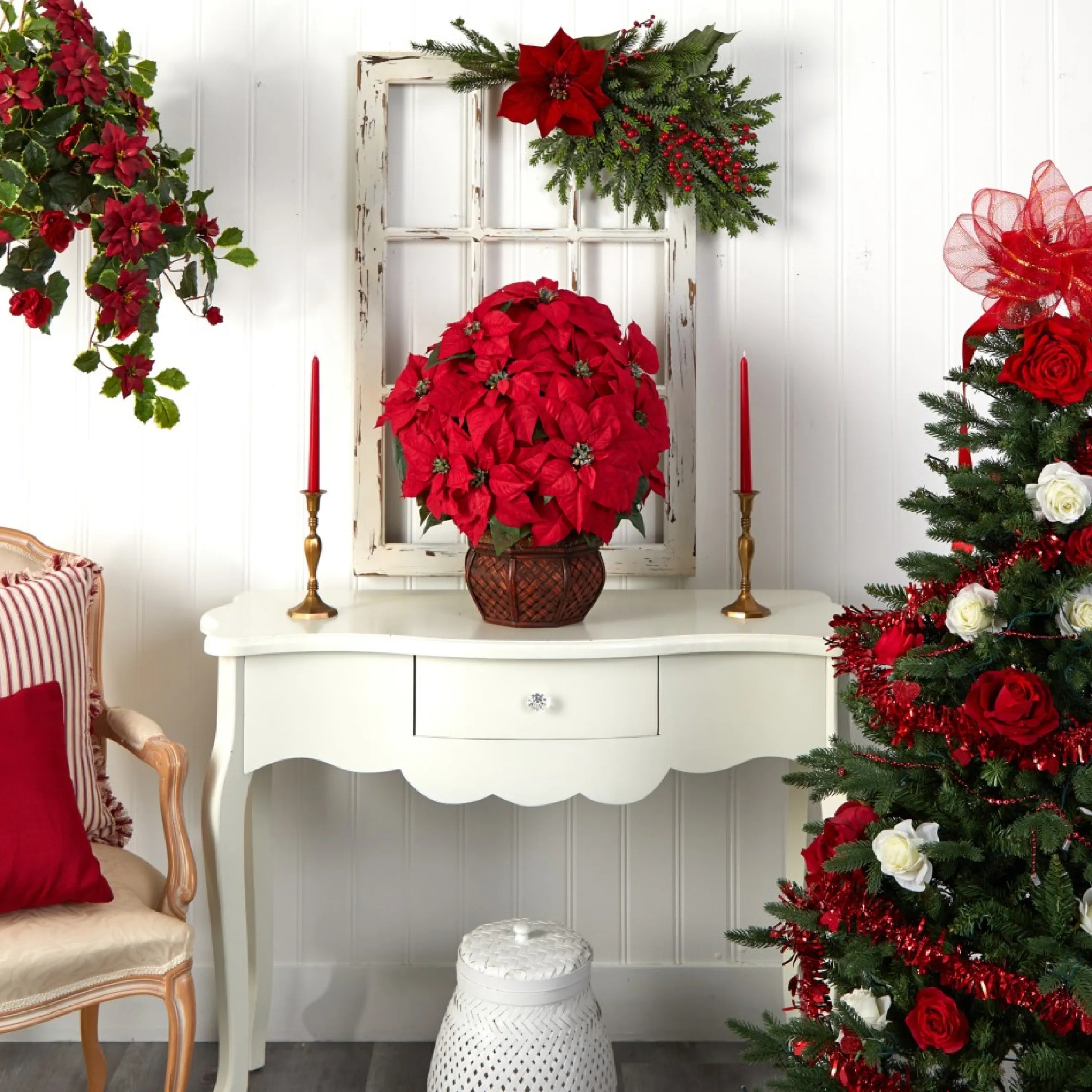 22" Red Poinsettia Silk Christmas Artificial Floral Arrangement With Decorative Planter