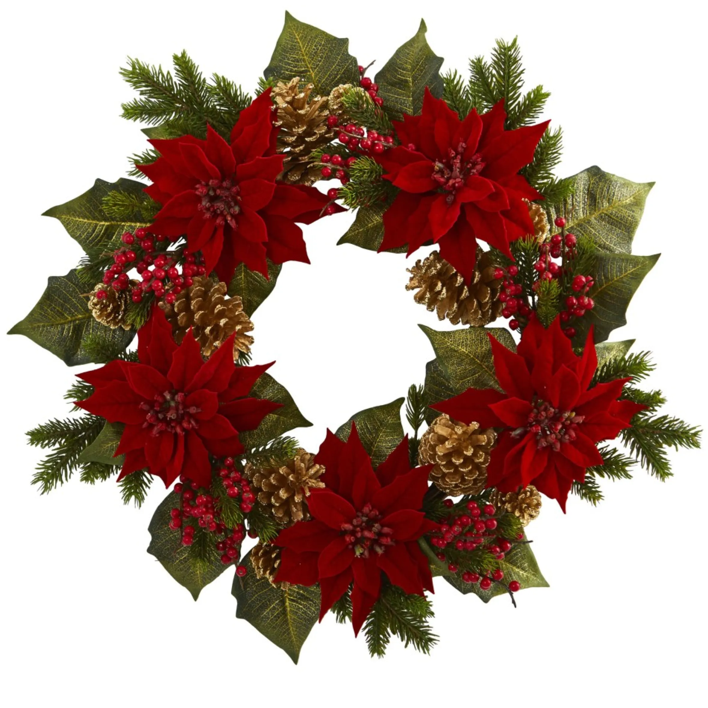 Red Poinsettias With Berries And Pinecones Artificial Christmas Wreath, 24-Inch, Unlit