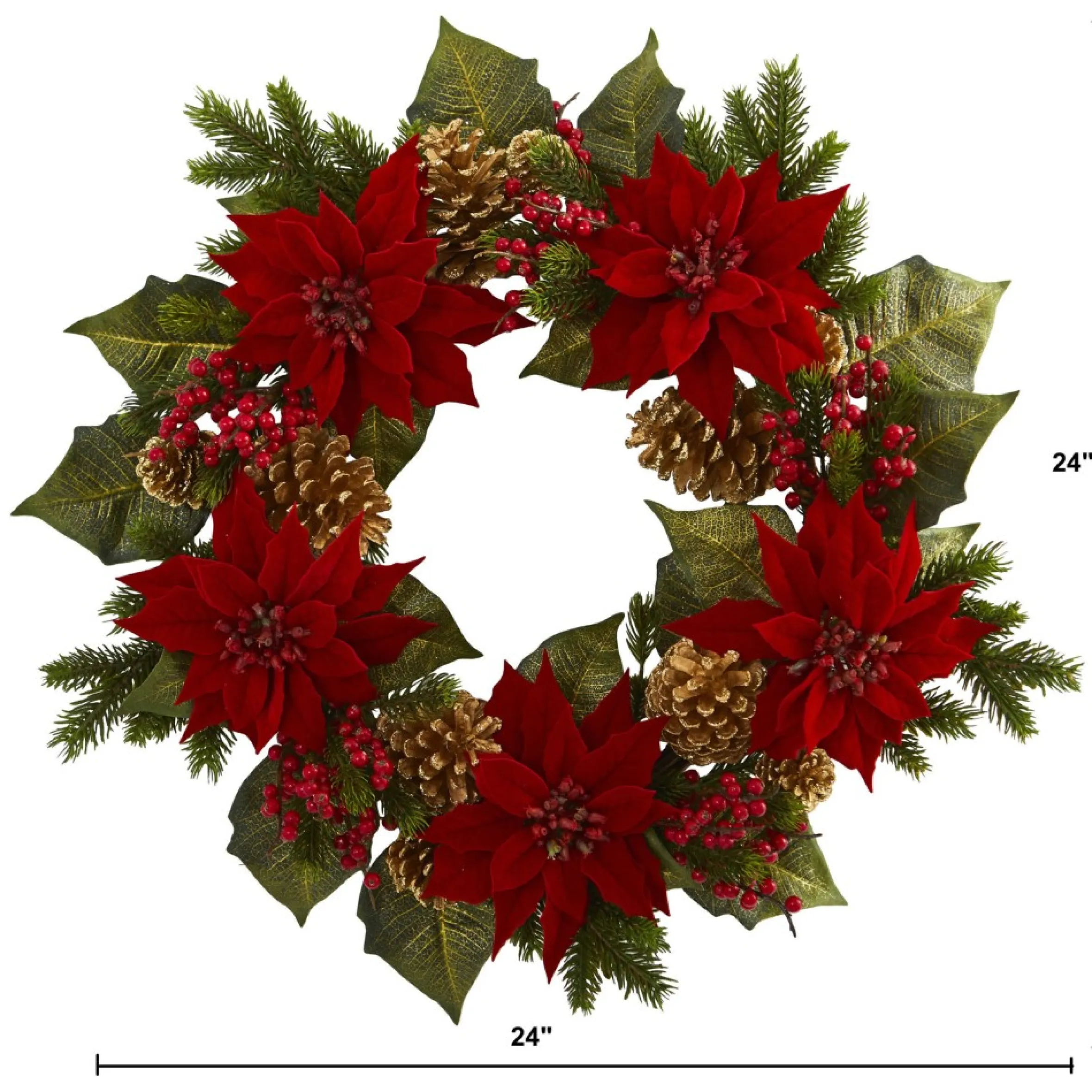 Red Poinsettias With Berries And Pinecones Artificial Christmas Wreath, 24-Inch, Unlit