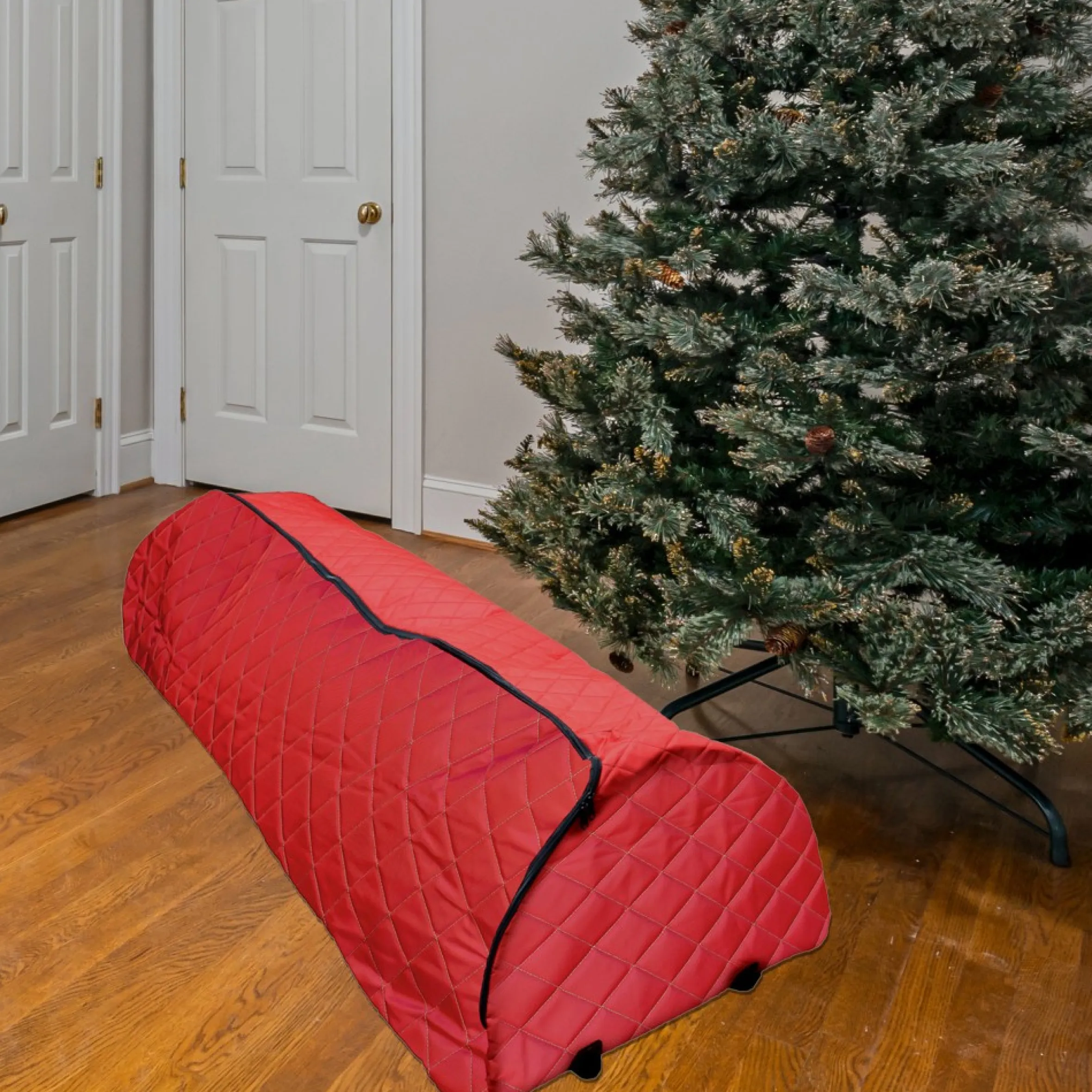 Red Quilted Rolling Christmas Tree Storage Bag For Trees Up To 12Ft