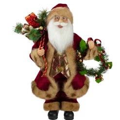 18" Red Santa Claus Holding A Wreath And Gift Bag Christmas Figurine