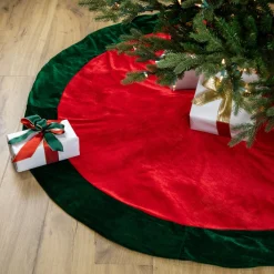 60" Red Traditional Christmas Tree Skirt With Green Border Trim