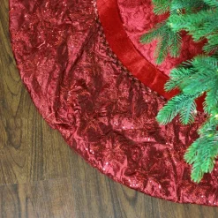 60" Red Velvet Damask Sequin Embroidered Poinsettia Trimmed Scalloped Edge Christmas Tree Skirt