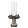 13" Rustic Acorn And Pinecone Tree Pillar Candle Holder With Glass Case