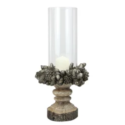 13" Rustic Acorn And Pinecone Tree Pillar Candle Holder With Glass Case