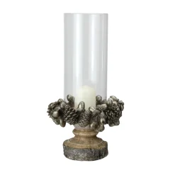 11" Rustic Acorn And Pinecone Tree Pillar Candle Holder With Glass Case