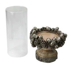 11" Rustic Acorn And Pinecone Tree Pillar Candle Holder With Glass Case