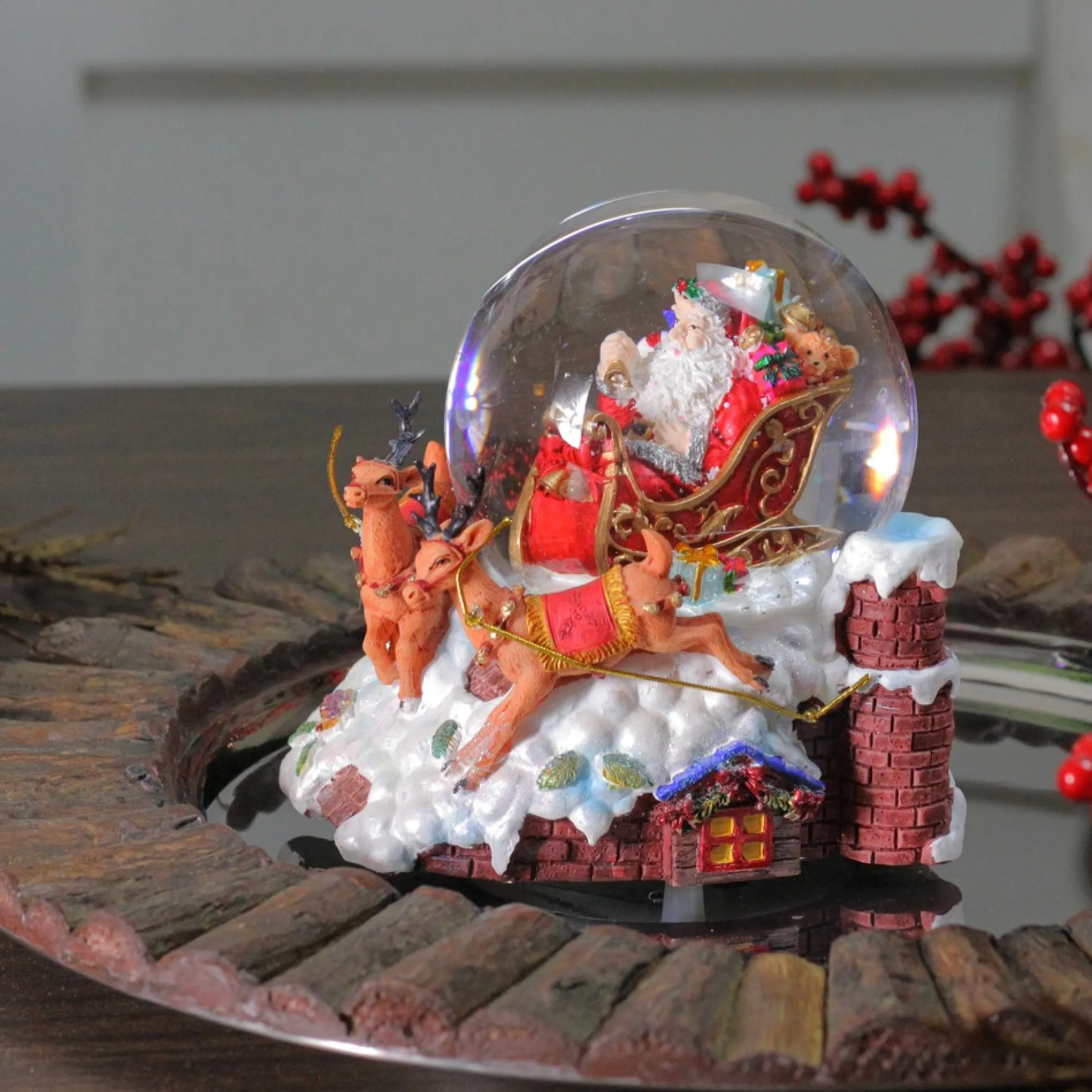 5.5" Santa Claus On Sleigh With Reindeer Musical Christmas Snow Globe