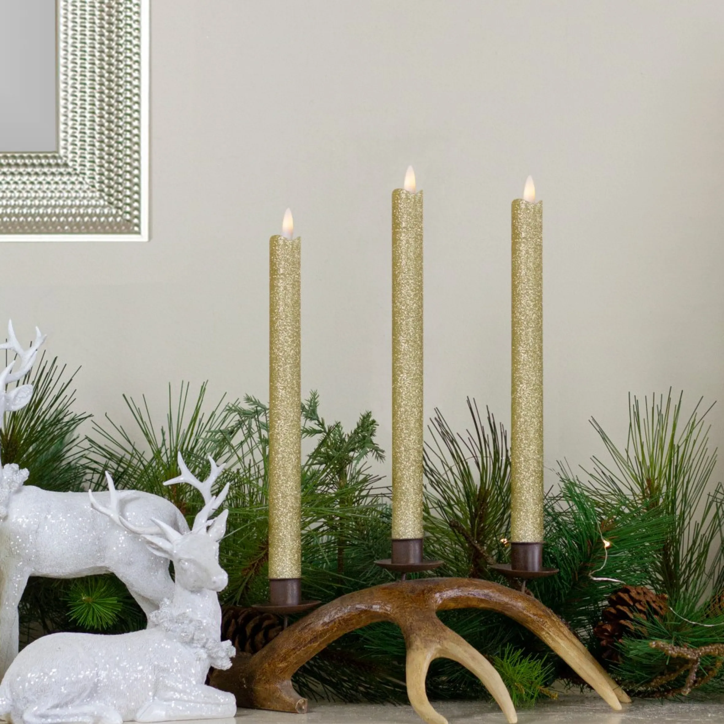 Set 2 Gold Glittered Flameless Led Taper Christmas Candles 11"