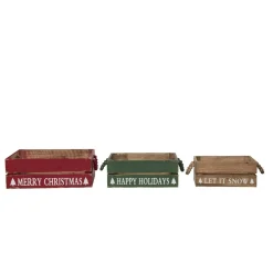 Set Of 3 Beaded Handle Wooden Christmas Crates 14.75"