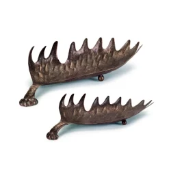 Set Of 2 Bronze And Brown Elk Horn Christmas Tabletop Trays 22"