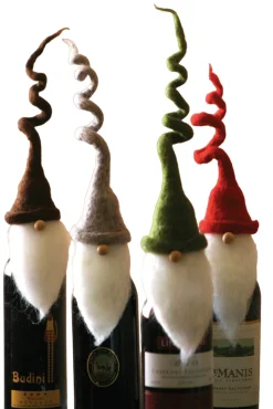 Set Of 4 Brown, Green, And Red Felt Santa Wine Bottle Stoppers