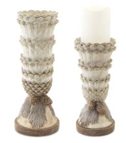 Set Of 2 Elegant Pine Cone Christmas Candle Holder Table Top Decoration 12"
