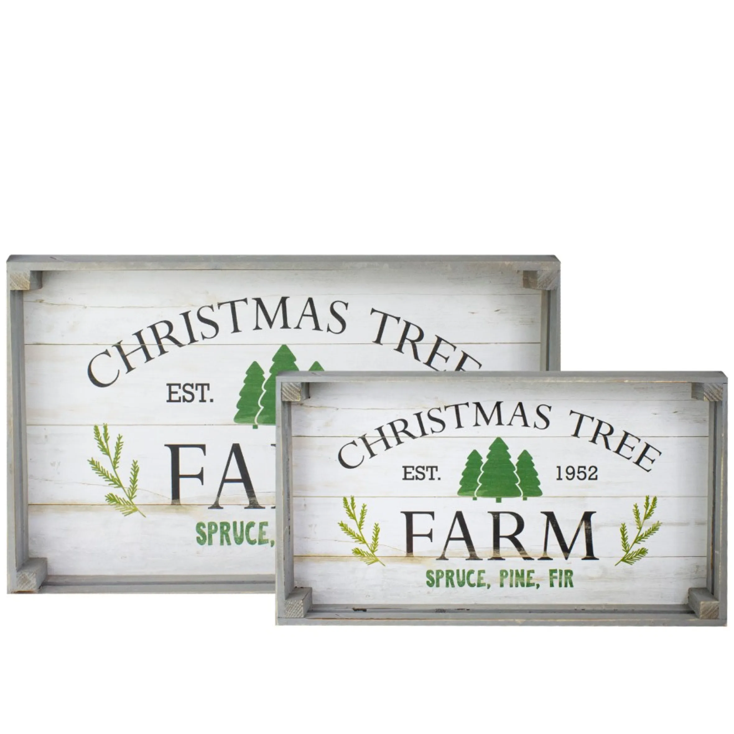 Set Of 2 Gray And White Farm Fresh Christmas Trees Wooden Tray Hanging Signs 21"