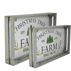 Set Of 2 Gray And White Farm Fresh Christmas Trees Wooden Tray Hanging Signs 21