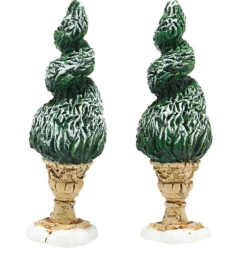 Set Of 2 Green And Beige Tudor Gardens Spiral Shrubs Village Accessory 3"