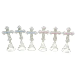 Set Of 6 Ivory And Green God Bless Baby's First Christmas Cross Tree Toppers 9"