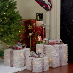 Set Of 3 Led Frosted Rattan Christmas Gift Boxes With Pinecones - 10"