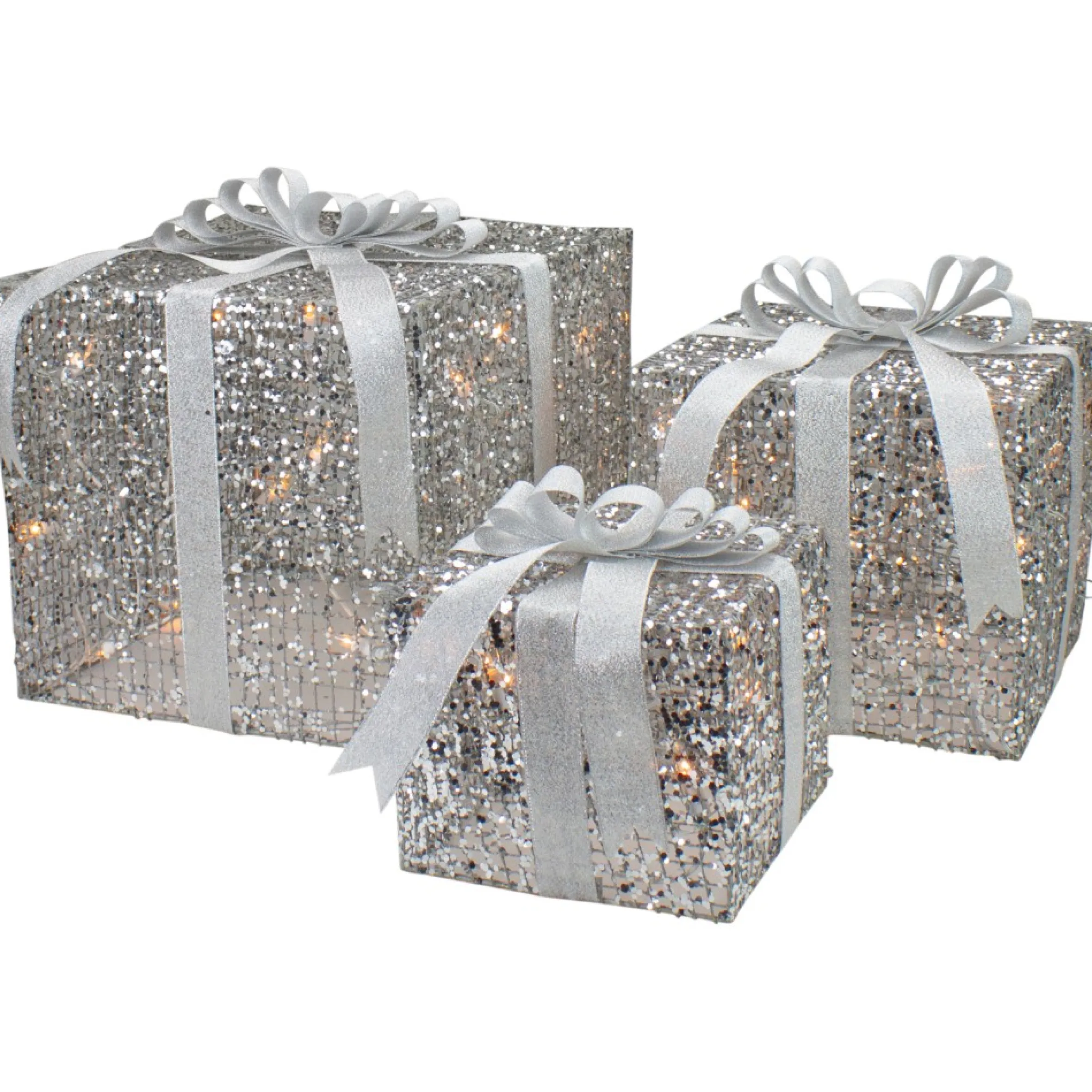 Set Of 3 Led Lighted Silver Glitter Threaded Gift Boxes Outdoor Christmas Decoration