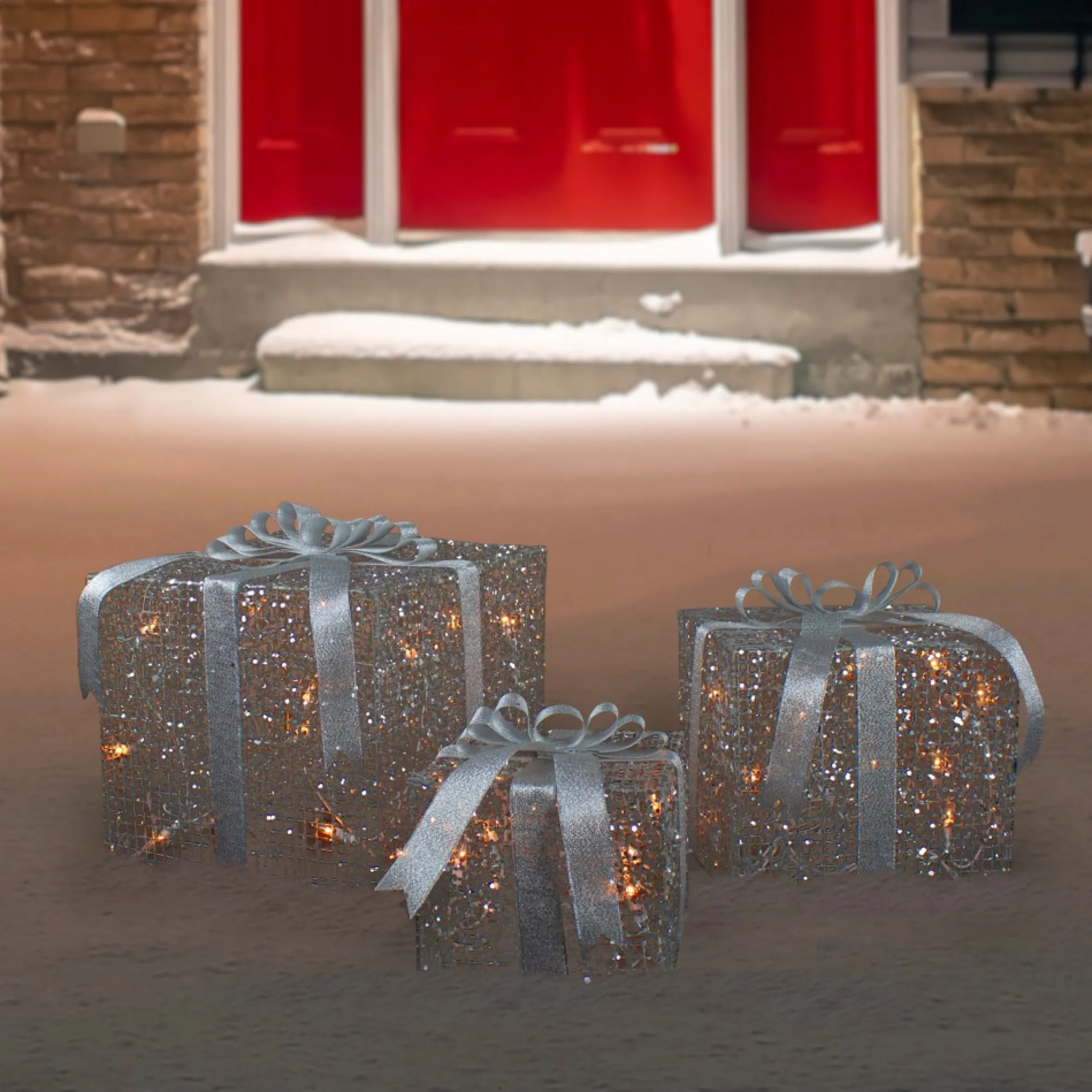 Set Of 3 Led Lighted Silver Glitter Threaded Gift Boxes Outdoor Christmas Decoration
