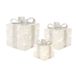 Set Of 3 Led White Gift Box And Silver Ribbon With Lights And Timer 11"