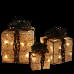 Set Of 3 Lighted Cream Gift Boxes With Twine Bows Outdoor Christmas Decorations 10"