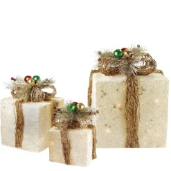 Set Of 3 Lighted Cream Gift Boxes With Twine Bows Outdoor Christmas Decorations 10