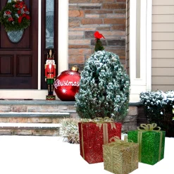 Set Of 3 Lighted Gift Box Outdoor Christmas Decoration 12-Inch