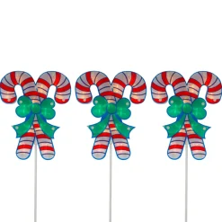 Set Of 3 Lighted Holographic Candy Cane Christmas Pathway Markers 25.5"