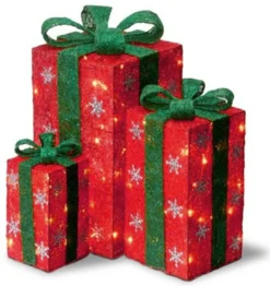 Set Of 3 Lighted Tall Red Gift Boxes With Green Bows Christmas Outdoor Decorations 18