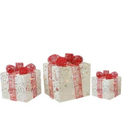 Set Of 3 Lighted White Swirl Glitter Gift Boxes Christmas Outdoor Decorations 10"