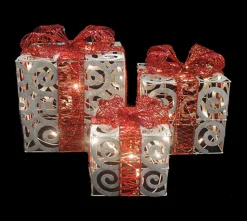 Set Of 3 Lighted White Swirl Glitter Gift Boxes Christmas Outdoor Decorations 10"