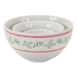 Set Of 3 Mistletoe And Pine Ceramic Round Bowls 9"