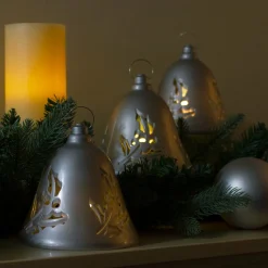 Set Of 3 Musical Lighted Silver Bells Christmas Decorations, 6.5"