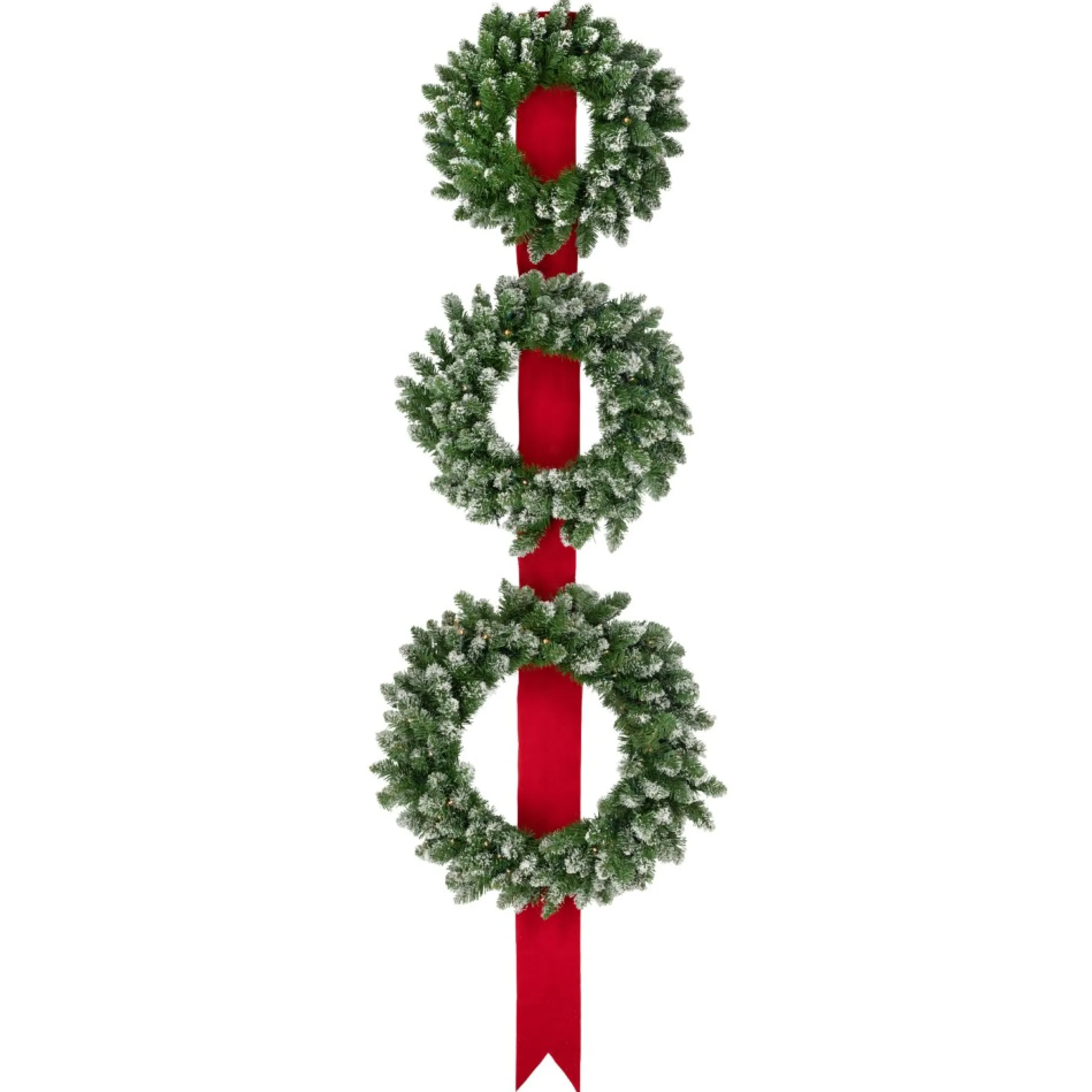 Set Of 3 Pre-Lit B/O Flocked Wreaths On Red Ribbon Christmas Decoration, 6.5'