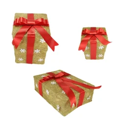 Set Of 3 Pre-Lit Gold And Red Snowflake Gift Box Outdoor Christmas Yard Art Decor 13"
