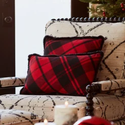 Set Of 2 Red And Black Plaid Christmas Throw Pillows 20"