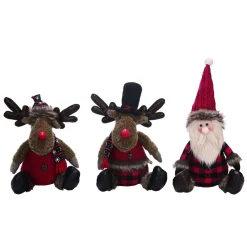 Set Of 3 Red And Black Plush Rustic Sitting Character Christmas Decor 13"
